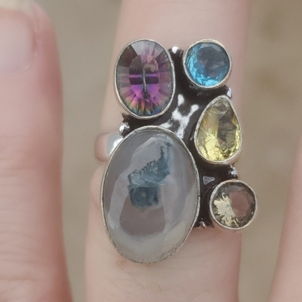 New Moss Agate, Mystic Topaz, Citrine,  Blue & Smoky Topaz 925 Silver Ring.